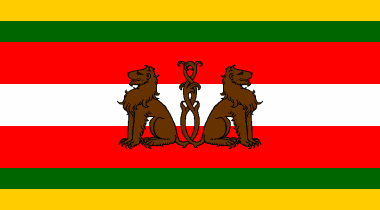[ horizontally striped
yellow-green-red-white-red-green-yellow, 1:1:2:2:2:1:1 or so, with a
brown charge in the center consisting of two brown dogs or lions
sejant with intertwined tails]